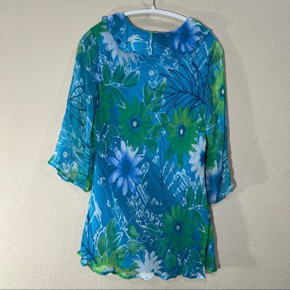 NEW YORK CITY DESIGN CO VTG SZ XL 100% SILk TOP PULLOVER MULTI BLUE RUFFLE BOHO - Picture 4 of 9